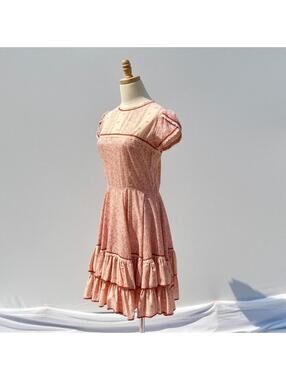 Vintage 70s Pink Red Cream Micro Floral Tiered Ruffle Dress Small Kate Schorer